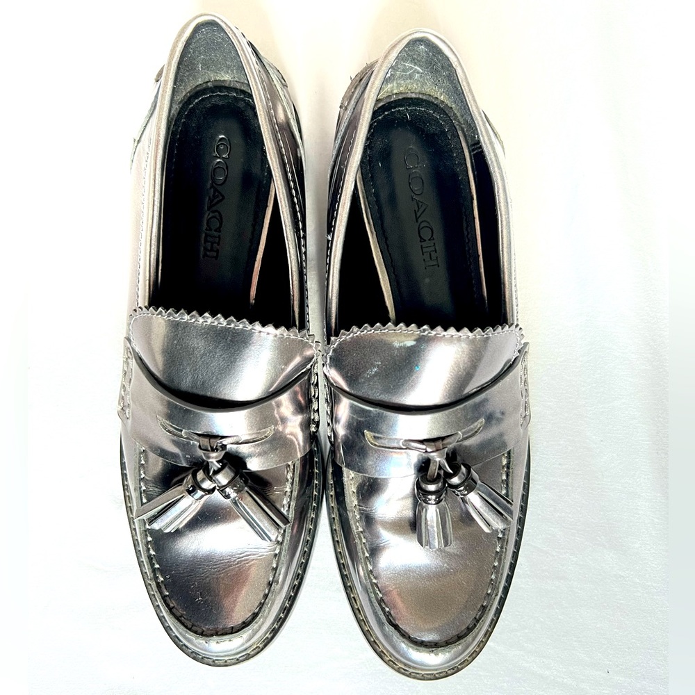 COACH Izabella Gun Metal Silver Tassel Loafers, Size 8